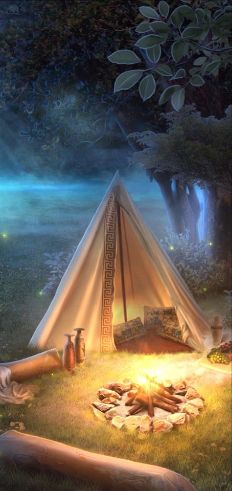 Fantasy Tent, The Titans, Islamic Wallpaper, Romance Club, Art Challenge, Outdoor Bed, Background Design, Fire Pit, Outdoor Gear