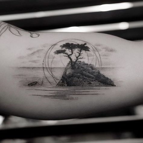 Lone cyprus tattoo black ink island peaceful ocean Cypress Tattoo, Cypress Tree Tattoo, Tree Tattoo Meaning, Lone Cypress, Tattoo Tree, Ocean Tattoos, Plant Tattoo, Cool Tattoos For Guys, Tattoo Meaning