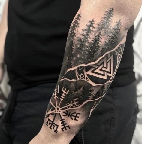 Tattoos On Forearm For Guys, Nordic Forest Tattoo, Nordic Arm Tattoo, Small Nordic Tattoo, Norse Tattoo Sleeve, Nordic Tattoo Sleeve, Arm Tattoo Viking, Viking Sleeve Tattoo, Norwegian Tattoo