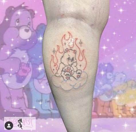 Green Care Bear Tattoo, Bedtime Bear Tattoo, Care Bear Tattoo, Leg Tats, Tattoos 2023, Bestie Tattoos, Care Bear Tattoos, Bestie Tattoo, Bear Tattoos