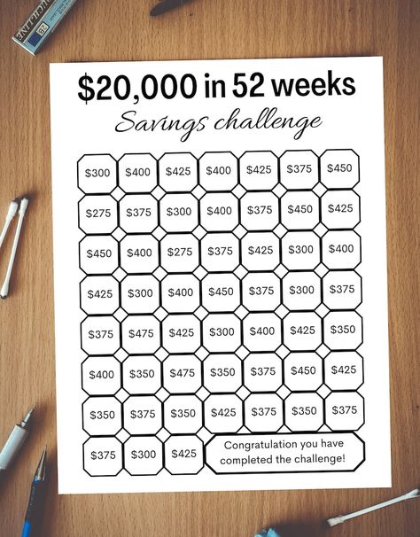 20,000 in 52 Weeks Savings Challenge, Saving Challenge for One Year, 20,000 Dollar Challenge in One Year, Saving Challenge - Etsy Year Saving Challenge, Dollar Challenge, Money Challenges, Saving Methods, 52 Week Money Saving Challenge, Money Saving Jar, Saving Money Chart, Money Chart, Money Saving Methods