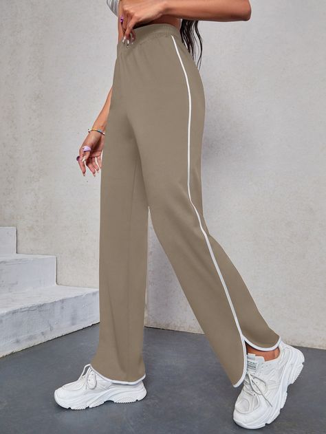 Mocha Brown Sporty Collar  Polyester Plain Straight Leg Embellished Medium Stretch All Women Bottoms Straight Pants Women, Comfy Trousers, Athletic Wear Womens, Modest Casual Outfits, Chiffon Pants, Sporty Pants, Sports Pants Women, Sports Wear Women, Women Bottoms