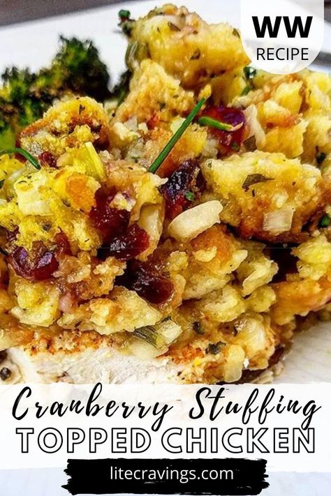 This Cranberry Stuffing Topped Chicken is one of my easiest meal preps. I know it’s nearly summer time, but I crave holiday flavors like this year round. #chicken #cranberrystuffing Stuffing Topped Chicken, Chicken Stuffing Cranberry Casserole, Cranberry Chicken Casserole, Cranberry Chicken Baked, Savory Holiday Recipes, Lite Cravings, Stovetop Stuffing, Ww Dinners, Meat Ideas