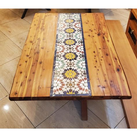 Very rare, and hard to find. Authentic Moroccan wooden coffee table with a multicolor mosaic tile frieze stretching along the table horizontally. Measuring approximately 44" in length, 30" in width, and 16.5" in height, this table is made in Rabat, of fine local cedar wood. Table base for this particular one is also made of cedar wood. Must see to appreciate.. Ceramic Tile Table Top, Black Tile Table, Mosaic Coffee Table Diy, Coffee Table Top Ideas, Tile Outdoor Table, Moraccan Tile, Morrocan Table, Mexican Patio Ideas, Mexican Tile Table