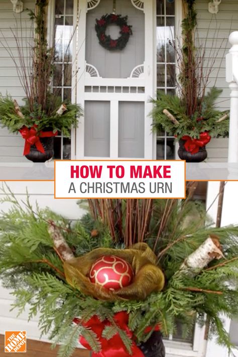 Create an outdoor Christmas urn and make your front porch even more welcoming during the holidays. This DIY Christmas urn is made of low-maintenance fresh greenery and can be done in under an hour. Diy Christmas Urns, Dessert Christmas, Christmas Urns, Outside Christmas Decorations, Front Door Christmas Decorations, Country Christmas Decorations, Easy Christmas Decorations, Christmas Porch Decor, Home Decor Christmas