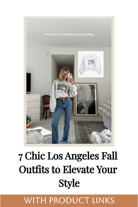 The person is wearing a white crewneck sweatshirt with a graphic and blue jeans. Los Angeles Fall Outfits, Los Angeles Outfits Fall, Los Angeles Winter Outfits, What To Wear In Los Angeles, Dresses With Ankle Boots, Los Angeles Winter, Los Angeles Outfits, Fall Outfits Pinterest, La Outfit