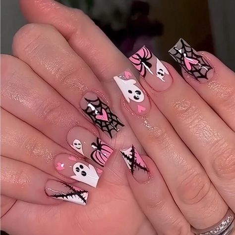 Super Cute And Stylish Ships In 5-10 Business Days Best Halloween Nail Designs, Cute Spooky Nail Sets, Med Short Nails, Pink White Halloween Nails, Burgundy Nails Fall Art Designs, Spooky Halloween Nails Almond Shape, Halloween Xl Nails, Medium Length Halloween Acrylic Nails, Halloween Birthday Nail Designs