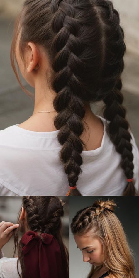 Hairstyles for School School Two Braid Hairstyles, Two Braids For School, Hairbraidstyles Simple, One Braid Hairstyles For School, Indian School Hairstyles, Easy Hairstyles For School Braids, Two Braids Hairstyles For School, Cute Braids For School, Easy Quick Braided Hairstyles