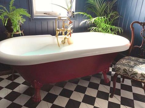 Instagram Stalker: Bathrooms we want to soak in — The Pink House Red Bathtub, Modern Victorian Bathroom, 2023 Master Bath, Strawberry House, Dear Prudence, Mid Century Coastal, Guest Bath Remodel, Painting Bathtub, Red Bath