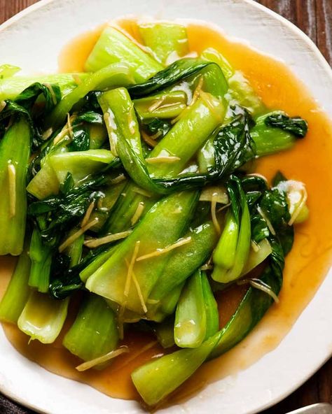 Plate of Bok Choy with ginger sauce Chinese Stir Fry Sauce, Asian Greens, Vegetarian Oyster Sauce, Cocktail Party Food, Chinese Cooking Wine, Asian Vegetables, Asian Sauce, Recipetin Eats, Recipe Tin