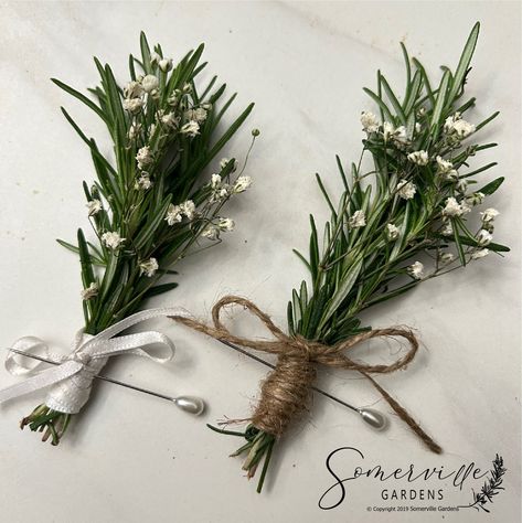 "At Somerville Gardens we work hard to bring you the best products to bring into your home. All products are grown in our gardens 🌿 Rosemary + Baby's Breath Boutonnière | Wedding, Groom, Groom's Men, Best Man 🌿 Description: Fresh Rosemary + Baby's Breath Boutonnière Approximately 3\"- 4\" Long.   Tied with twine or white ribbon. Select from the drop down menu which you would like. * Please Note the color might appear differently on your screen. This is a natural product, leaves vary in color in size and shape.  🌿 If ordering for a special event or wedding, please message us to RESERVE before ordering. Please note that the Rosemary is fresh and to ensure freshness the boutonniere(s) will be shipped overnight/next day air.   The Fresh Rosemary + Baby's Breath Boutonnière are made the same Rosemary Boutonniere, Handmade Boutonniere, Wedding Buttonnaire, Herb Boutonniere, Groom Boutineer Ideas, All Greenery Boutonniere, Rosemary Bouquet Wedding, Babies Breath Boutonniere, Rosemary Wedding