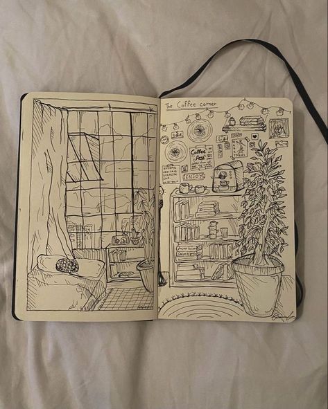 Coffee Corner Design, Corner Sketch, Architecture Drawing Art Buildings, Sketchbook Architecture, Notebook Sketches, Piskel Art, Pen Art Drawings, Sketchbook Drawings, Art Journal Therapy