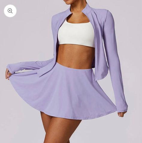 Look cute while golfing or playing tennis with this cute two piece jacket and skirt set! poliathletics.com #golfing #tennis #tennisoutfit #gym #yoga #pilates #strengthtraining #ootd #fashion Grey Ombre Hair, Prom Dresses Boho, Yoga Decor, Plus Size Sleepwear, Football Game Outfit, Golf Dresses, Gowns Prom, Love And Co, Women Yoga