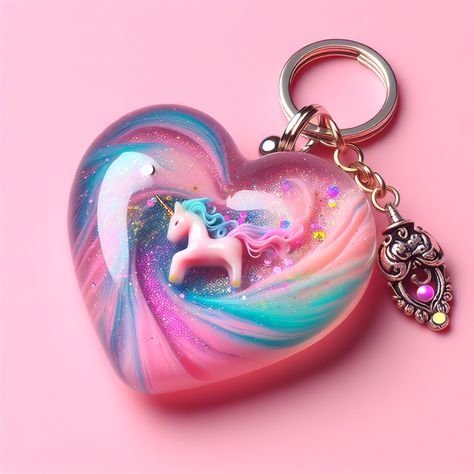 Presenting our dreamy resin art keychain, a delightful fusion of pastel hues bedazzled with glittering sequins. The heart-shaped piece exudes cuteness with a shiny unicorn charm and glossy finish! #ResinArt #CuteKeychain #TeenAccessories #UnicornCharm #GlitterArt #PastelDesign Resin Stone Art, Resin Keychain Ideas, Resin Art Keychain, Diy Resin Keychain, Resin Art Canvas, Unicorn Keychain, Art Keychain, Epoxy Resin Diy, Resin Crafts Tutorial