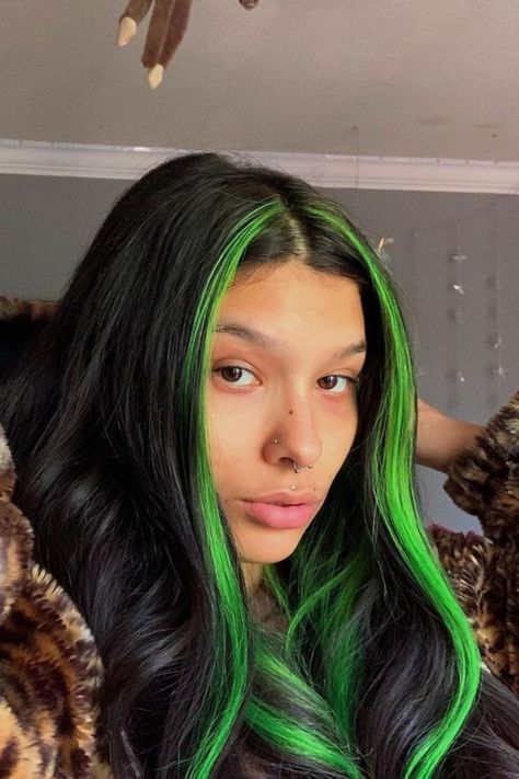 Green Peekaboo, Green Hair Streaks, Green And Black Hair, Hairstylist Inspiration, Black And Green Hair, Neon Green Hair, Color Block Hair, Dark Green Hair, Green Hair Dye