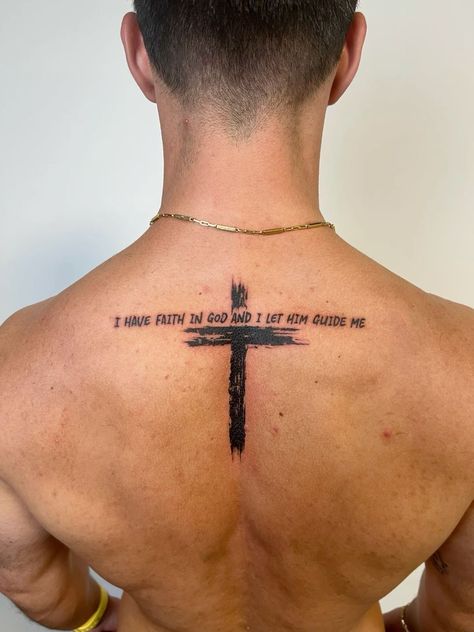 Back Tattoos For Guys Upper Words, Upper Back Quote Tattoo, Trash Polka Cross Tattoo, Back Cross Tattoo For Men, Small Jesus Tattoo, Bible Tattoos For Men, Upper Back Tattoo Men, Cross Back Tattoo, Christian Tattoo Ideas For Men