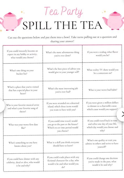 Tea Party Mad Libs, Spill The Tea Questions Game, Afternoon Tea Activities, Tea Exchange Party, High Tea Party Decorations Diy, Pin The Lid On The Tea Pot Game, Host Tea Party, Ladies Brunch Activities Fun, Rose Gold Tea Party