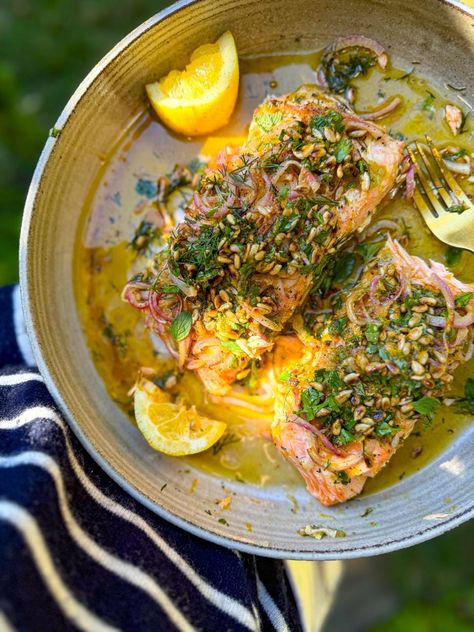 Slow Roasted Salmon with Citrus Salsa Slow Roasted Salmon, Roasted Veg Salad, Citrus Salsa, Citrus Salmon, Grilled Broccolini, Slow Roasted Tomatoes, Toasted Pine Nuts, Cooking Salmon, Oven Dishes