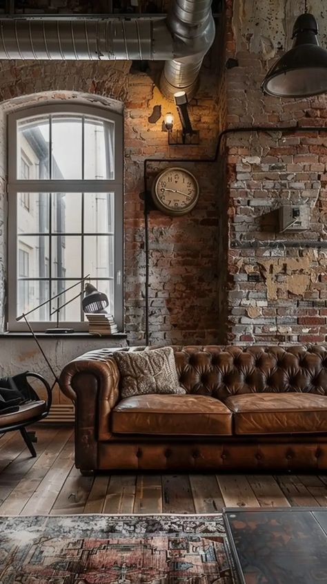 Embrace the Urban Chic: Exploring Industrial Living Room Styles - Decoholic Brick Wall Interior Living Room, Industrial Style Interior Design, Brick Living Room, Industrial Living Room, Brick Room, Glass House Design, Urban Living Room, Practical Furniture, Brick Interior Wall