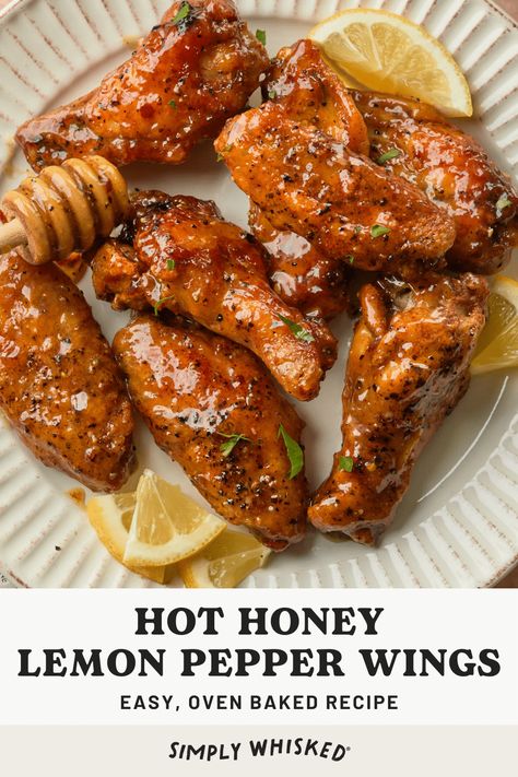 Move over buffalo, we've got a new chicken wing sauce in town. These hot honey lemon pepper chicken wings are baked until crispy and topped with a homemade hot honey sauce that takes these wings to the next level, adding a delightfully sweet and zesty kick to every bite. Electric Honey Wing Sauce, Hot Honey Lemon Pepper Chicken, Hot Honey Lemon Pepper Wings, Honey Lemon Pepper Chicken, Best Wing Sauce, Honey Lemon Pepper Wings, Honey Soy Chicken Wings, Homemade Hot Honey, Chicken Wing Sauce