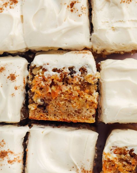 Soft and moist carrot cake bars made with sourdough discard. Topped with maple cream cheese frosting. Sourdough Carrot Cake Recipe, Sourdough Discard Carrot Muffins, Sourdough Carrot Cake Cupcakes, Sourdough Discard Carrot Cake Loaf, Clever Carrot Sourdough, Sourdough Carrot Cake, Carrot Bars, Sourdough Sweets, Healthy Carrot Cake Muffins