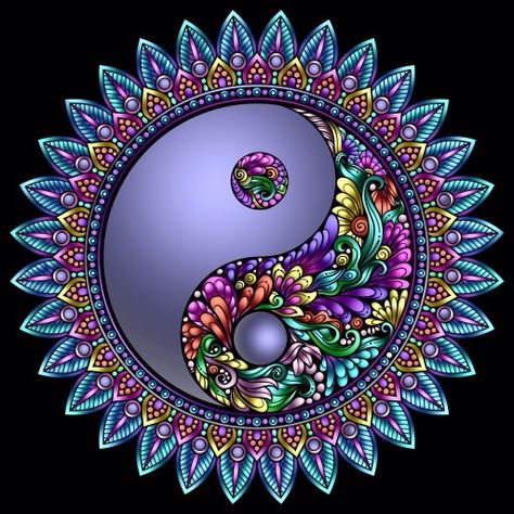 Recolor | Picture Ying Yang Art, Yin Yang Art, Yin Yang Tattoos, Mandala Wallpaper, Design Mandala, Mandala Artwork, Mandala Dots, Dot Art Painting, Mandala Design Art