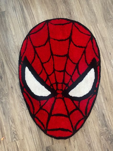 hand tufted spider man rug. Spider Man Tufted Rug, Cool Carpet Design, Spiderman Rug Tufting, Spider Man Rug, Spider Man Room Aesthetic, Mens Rugs, Spider Man Room Ideas, Rug Tufting Design, Spider Man Decor