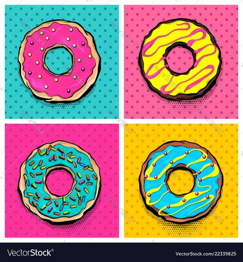 Food Donut, Donut Cartoon, Cartoon Pop Art, Pop Art Food, Illustration Pop Art, Donut Art, Pop Art For Kids, Cartoon Pop, ポップアート ポスター