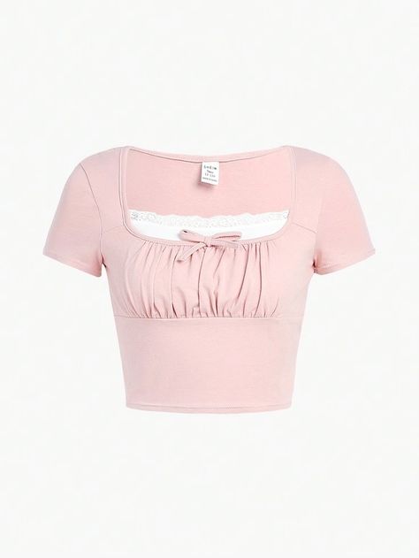 Baju Crop Top, Blusas Coquette, Cute Pink Tops, Pastel Shirt, Korean Tops, Coquette Girl, Pink Outfits, Pink Shorts, Girly Girl