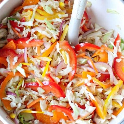 Sweet & Tangy Bell Pepper Slaw - The Balanced Nutritionist Bell Pepper Slaw, Bell Pepper Slaw Recipe, Sweet Pepper Coleslaw, Sweet Pepper Slaw Recipes, Red Slaw Recipe, Sweet Pepper Slaw, Pepper Slaw Recipe, Tangy Coleslaw Recipe, Balanced Nutritionist