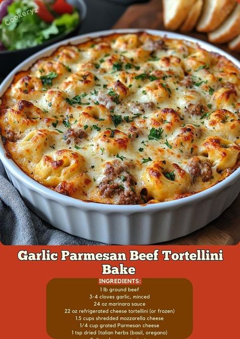 The Pioneer Woman_Ree Drummond � "Recipes" | Here's a tasty recipe for Garlic Parmesan Beef Tortellini Bake that you can easily whip up | Facebook Garlic Parmesan Beef Tortellini Bake, Cheese Tortellini Bake Recipes, Tortellini Recipes Beef, Ground Beef Tortellini Recipes, Tortellini Casserole Recipes, Beef Tortellini Recipes, Parmesan Beef, Tortellini Dishes, Dinners Pasta