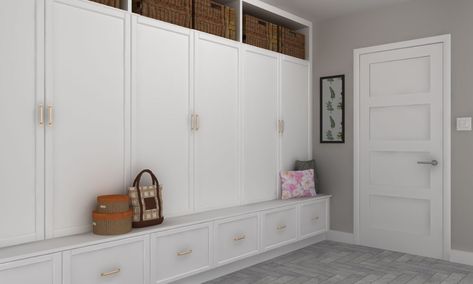 Mudroom With Kitchen Cabinets, Ikea Cabinets Entryway, Diy Ikea Lockers, Ikea Mudroom Garage, Mudroom With Stock Cabinets, Laundry Mud Room Off Garage Storage Cabinets, Ikea Mudroom Hack Storage Cabinets, Garage Mudroom Ikea, Laundry Room With Lockers Cubbies