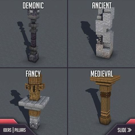 Mincraft Pillar, Mc Castle Blueprint, Cool Builds Minecraft, Pillar Ideas Minecraft, Pillar Minecraft Ideas, Minecraft Jail Cell Ideas, Pillar Design Minecraft, Minecraft Pillar Ideas, Medieval Buildings Minecraft