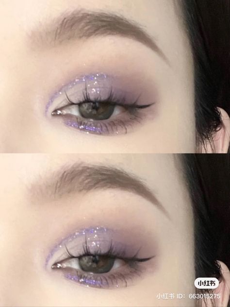 Douyin Pearl Makeup, Lavender Douyin Makeup, Purple Douyin Makeup, Eye Makeup For Small Eyes, Pearl Eye Makeup, Makeup For Deep Set Eyes, Eye Makeup Inspiration, Eyeshadow Makeup Tutorial, Shine Makeup