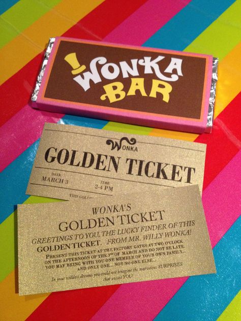 Willy Wonka Golden Ticket, Wonka Golden Ticket, Wonka Bar, Chocolate Factory Party, Charlie Chocolate Factory, Wonka Chocolate Factory, Willy Wonka Party, Golden Birthday Parties, Wonka Chocolate