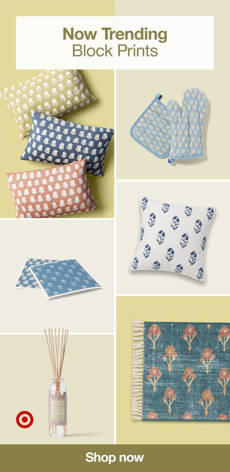 Cheer up your home decor with spring block prints. Add whimsy with floral bedding or layer different patterns & textures for a bold, trendy look. Bedding Trends For 2024, Bedding Trends, Target Aesthetic, Material Trend, House Aesthetics, 2025 Spring, Surface Patterns, Printed Bedding, Rooms Ideas