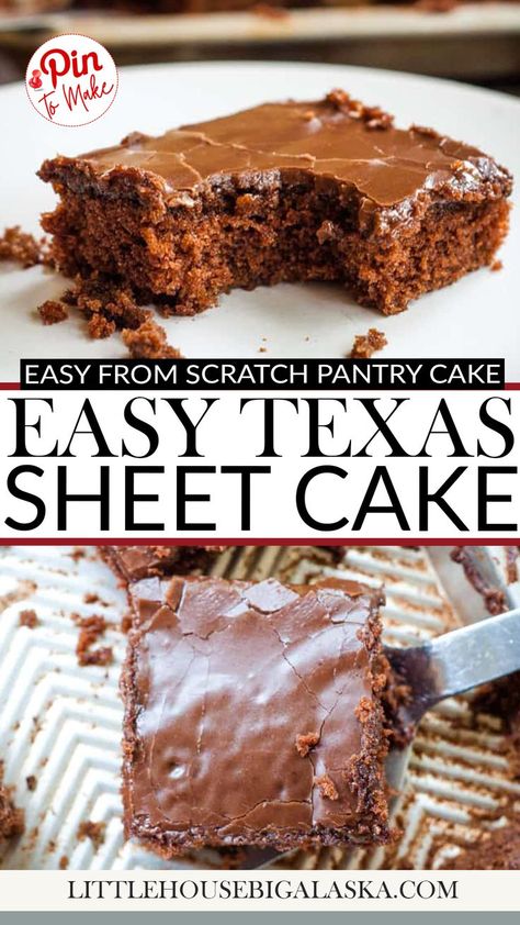 A chocolate Texas Sheet Cake slice with glossy frosting sits on a white plate. The slice, made from scratch, has a bite taken out of it, revealing a moist interior. Crumbs are scattered on the plate. More cake pieces are blurred in the background, hinting at the best cake experience yet. The bottom image shows a square slice of Chocolate Texas Sheet Cake being lifted from the sheet pan with a spatula. Chocolate Texas Sheet Cake Recipe, Chocolate Texas Sheet Cake, Texas Chocolate Sheet Cake, Impossible Cake, Chocolate Sheet Cake Recipe, Alaska Food, Texas Sheet Cake Cookies, Bad Cakes, Texas Sheet Cake Recipe