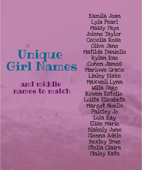 Unique baby girl names. Unique middle names. Unique baby name combinations. Girl names Unique Girl Middle Names, Name Combinations, Girl Names Unique, Unique Middle Names, Unique Baby Girl Names, Middle Names For Girls, Unique Girl Names