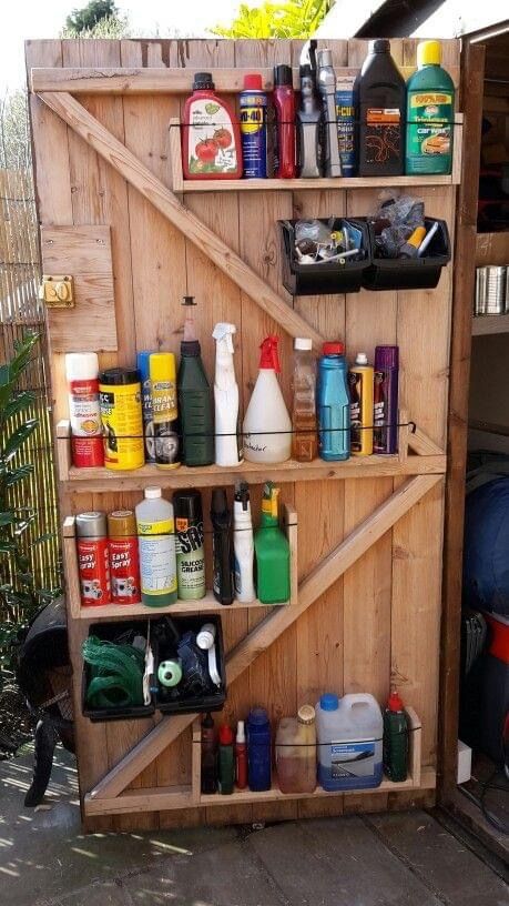 Shed Door Storage Ideas, Small Shed Ideas Storage, Yard Shed Organization, Outdoor Shed Doors, Backyard Shed Storage, Mens Shed Ideas, Garden Shed Tool Storage Ideas, Shed Space Saving Ideas, Tiny Shed Storage Ideas