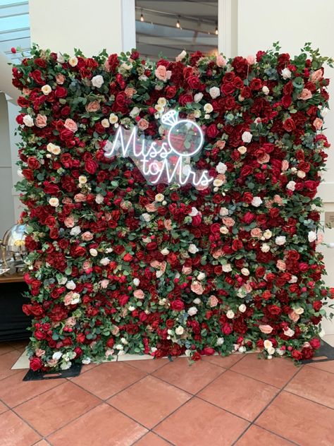 Burgundy Flower Wall, Flower Wall With Neon Sign, Red Rose Bridal Shower, Faux Flower Wall, Red Flower Wall, Rose Flower Wall, Floral Walls, Balloon Business, Photobooth Backdrop