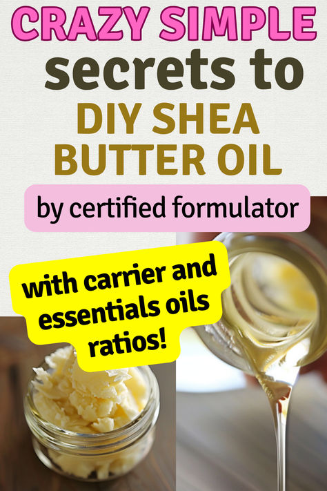 Shea butter and shea butter oil. Text reads: Crazy simple secrets to DIY shea butter oil by certified formulator. With carrier and essential oils ratios! Shea Butter Face Moisturizer Diy, Diy Shea Butter, Shea Butter Diy, Body Butter Recipe Homemade, Homemade Lotions, Shea Butter Face, Shea Butter Recipes, Diy Face Moisturizer, Shea Butter Oil