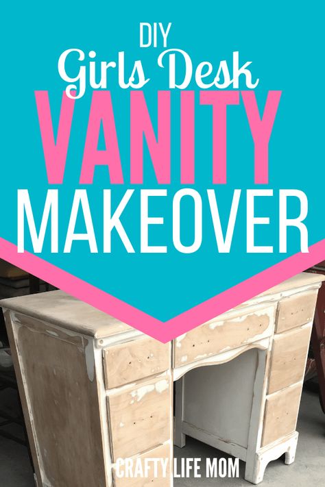 Diy Girls Vanity, Desk Diy Makeover, Girls Vanity Desk, Makeup Vanity Diy, Teen Vanity, Desk For Girls Room, Refinished Desk, Vanity Redo, Refurbished Desk