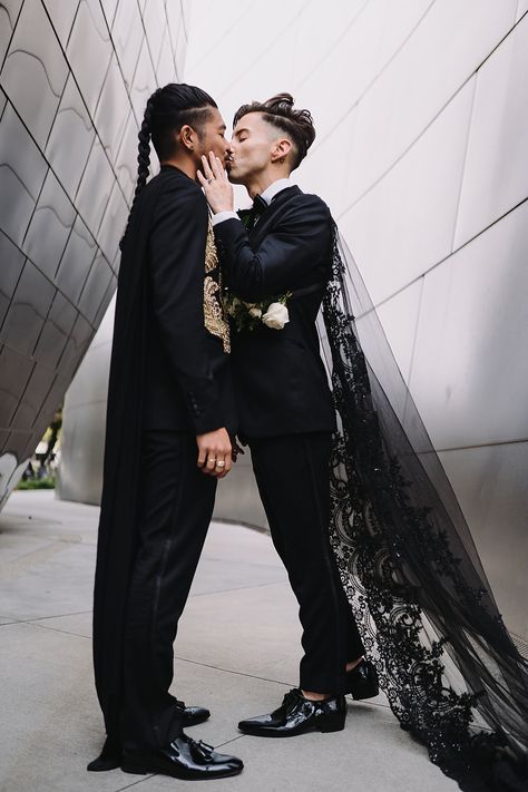 Wedding Tux Alternatives Groom Attire, Gnc Wedding Outfit, Edgy Wedding Suit, Grooms Outfit Ideas, Men’s Wedding Dress, Gender Neutral Wedding Attire, Queer Wedding Fashion, Mens Alternative Wedding Attire, Black Queer Wedding