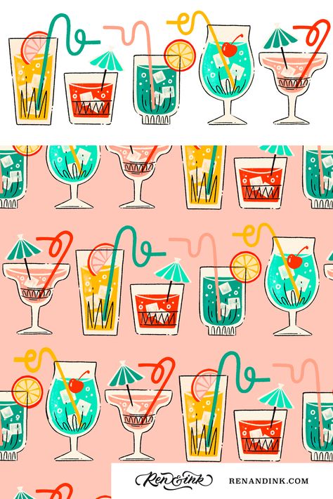 Vintage Cocktails with Silly Straws surface pattern design with hand drawn illustrations Mid Century Lettering, Drink Menu Illustration, Drink Illustration Graphics, Vintage Cocktail Illustration, Mid Century Modern Tattoo, 70s Drinks, Typography Zine, Silly Straws, Tiki Tony