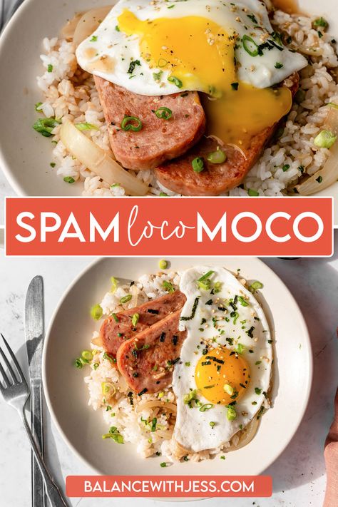 Hawaiian Loco Moco is a classic, but this easy Spam Loco Moco has golden fried Spam instead of the traditional hamburger patty. It's paired with white rice and sunny side up eggs before being smothered in a sweet and savory brown gravy. This is island comfort food at its best! Less than 30 minutes, one pan, one pot, easy. Spam And Eggs Hawaiian, Spam Meals Dinners, Spam Meal Ideas, Spam Eggs And Rice Breakfast, Breakfast With Spam, Spam Hawaiian Recipes, Spam Breakfast Ideas, Spam Dinner Recipes, Easy Spam Recipe