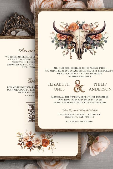 Boho Floral Cow Skull Western Wedding Invitation Earthy Flowers, Western Wedding Invitation, Floral Cow Skull, Western Wedding Invitations, Boho Wedding Invitation Template, Popular Wedding Invitations, Western Themed Wedding, Rustic Boho Wedding, Rustic Vintage Wedding