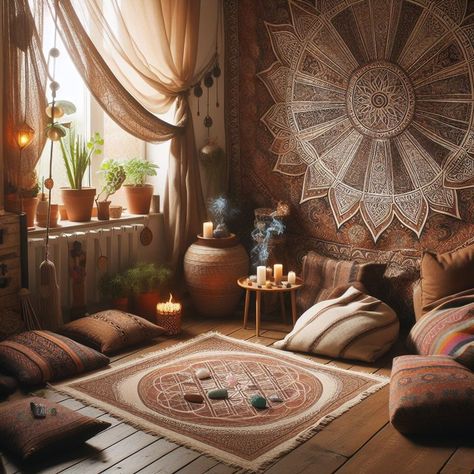 15 Hippie Room Ideas to Elevate Your Space — Lord Decor Sun Meditation Room, Spiritual Corner Ideas, Good Energy Bedroom, Bohemian Yoga Studio, Yoga Room Lighting Ideas, Zen Room Ideas Meditation Decor, Peaceful Room Ideas, Gypsycore Room, Yoga Decor Zen Space