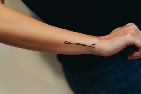 Bobby pin tattoo Bobbie Pin Tattoo, Hair Pin Tattoo, Stylist Tattoos Hairstylists, Hairpin Tattoo, Pin Tattoo Ideas, Bobby Pin Tattoo, Cosmetology Tattoos, Hairdresser Tattoos, Pin Tattoo