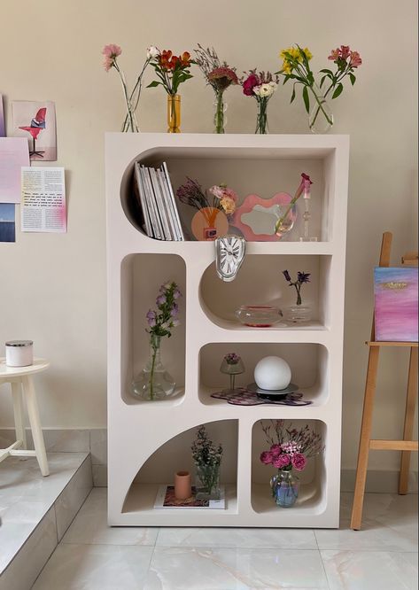 Weird Shaped Furniture, Cool Diy Shelves, Cute Aesthetic Furniture, Quirky Boho Decor, Funky Wall Shelf, Cute Bedroom Storage, Wavy Bookshelf, Weird Shelves, Cute Organization Ideas For Bedroom