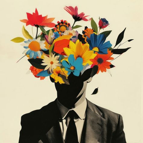 Cut paper collage with a man flower art plant. | free image by rawpixel.com / Boom Jeans Painting, Flower Man, Heaven Art, Flower Sketches, Paper Rose, Holding Flowers, Flower Artwork, Flower Boys, Plant Flower